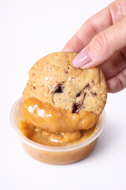 7 Mini Double Chocolate Chip Cookies + Sea Salt Caramel Sauce