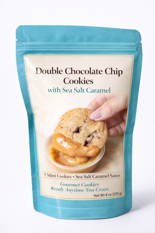 7 Mini Double Chocolate Chip Cookies + Sea Salt Caramel Sauce